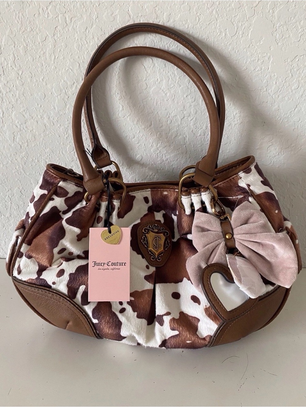 Juicy Couture Romance Cow Print Satchel In Saddle Brown W/Charm Viral NEW
